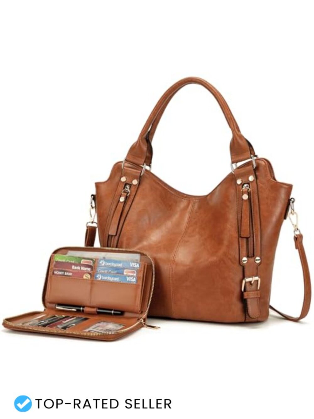 Large Hobo Crossbody Bag & Wallet Set Faux Leather 9 Pockets